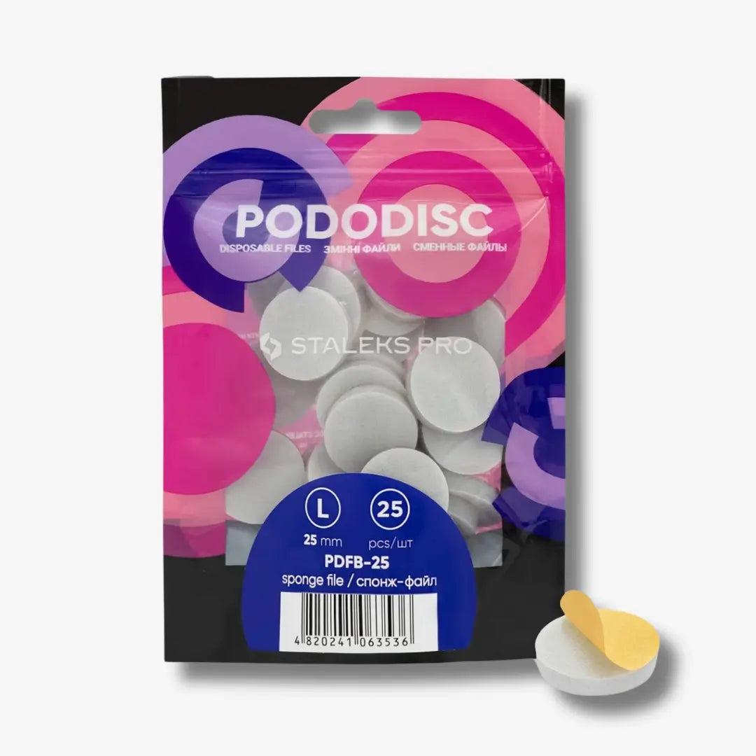 PODODISC L EXPERT 25mm disposable pedicure buffing sponges – 25 pcs for professional and at-home use.