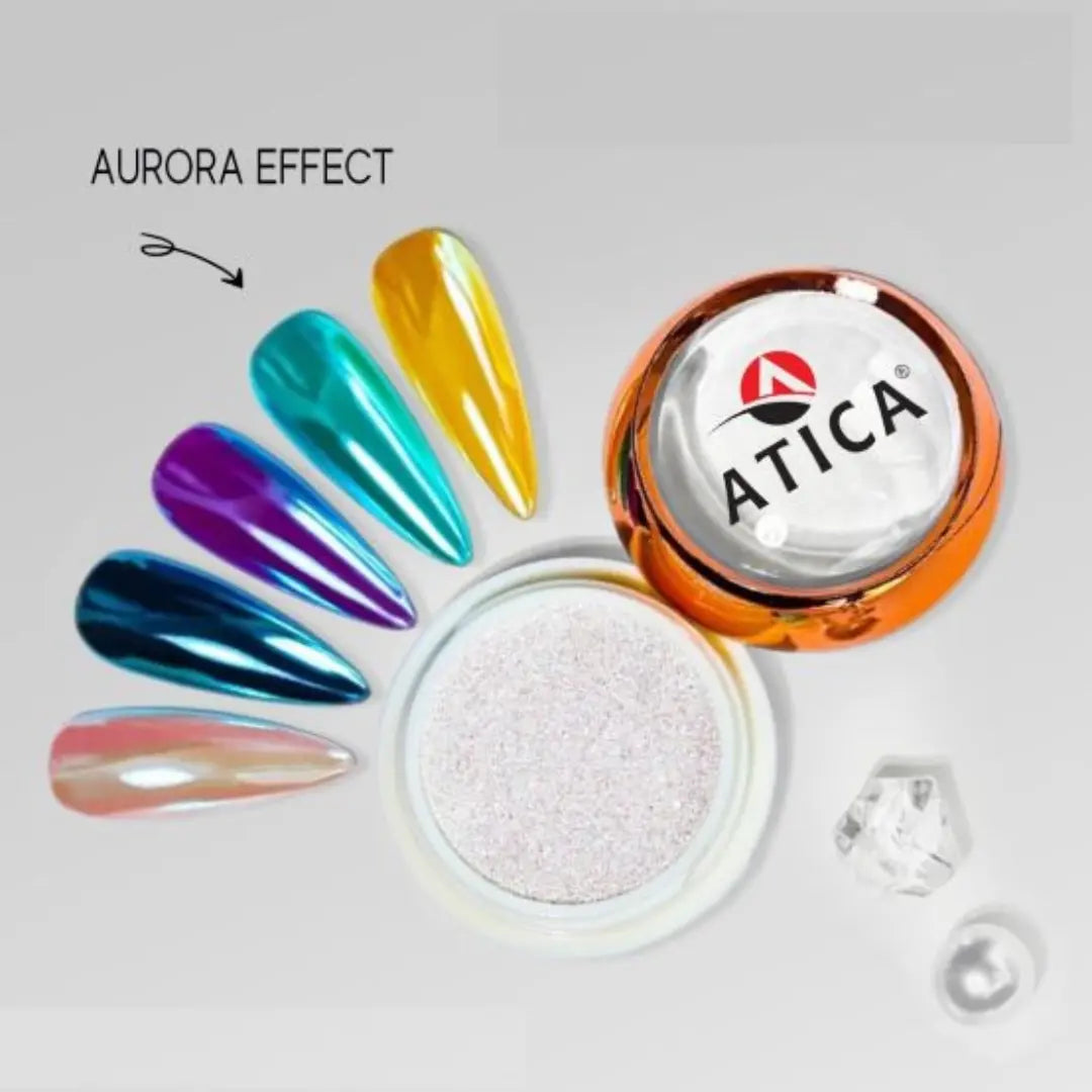 Moonlight Aurora Chrome Powder – 0.5g jar for pastel shimmer nail art with silver, pink and mint tones.