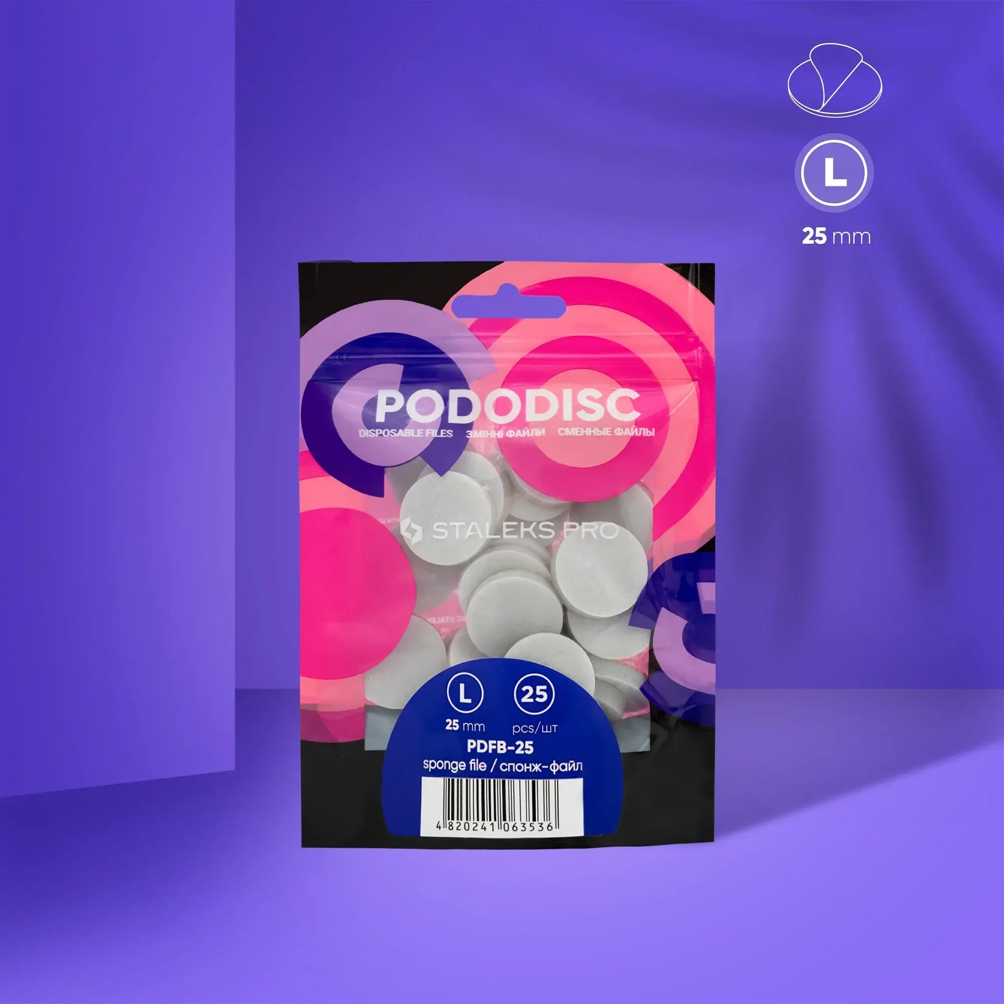 PODODISC L EXPERT 25mm disposable pedicure buffing sponges – 25 pcs for professional and at-home use.