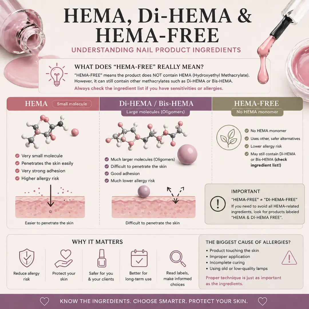 Infographic explaining the differences between HEMA, Di-HEMA, and HEMA-Free nail products, showing molecule sizes and skin penetration.