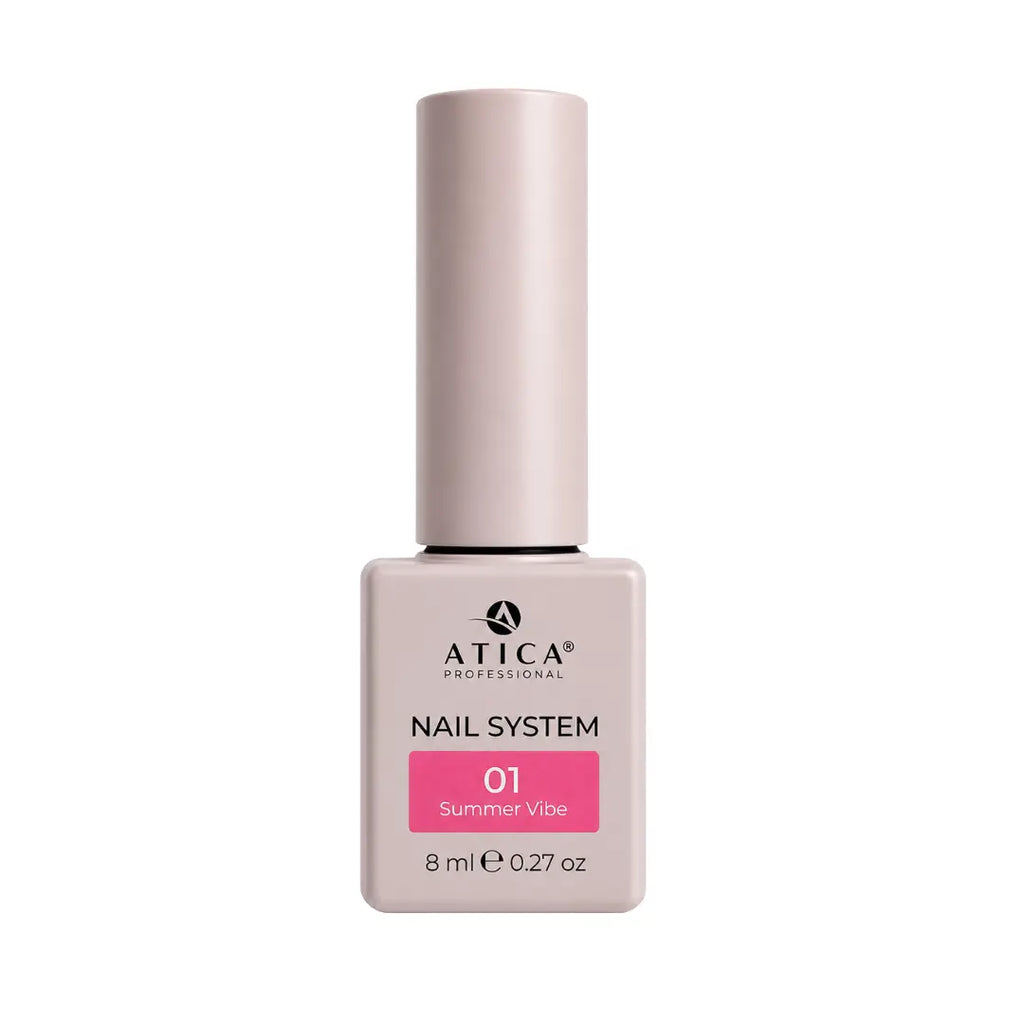 Atica Summer Vibe 01 Gel Polish 8ml bottle showing bright neon pink hot pink colour