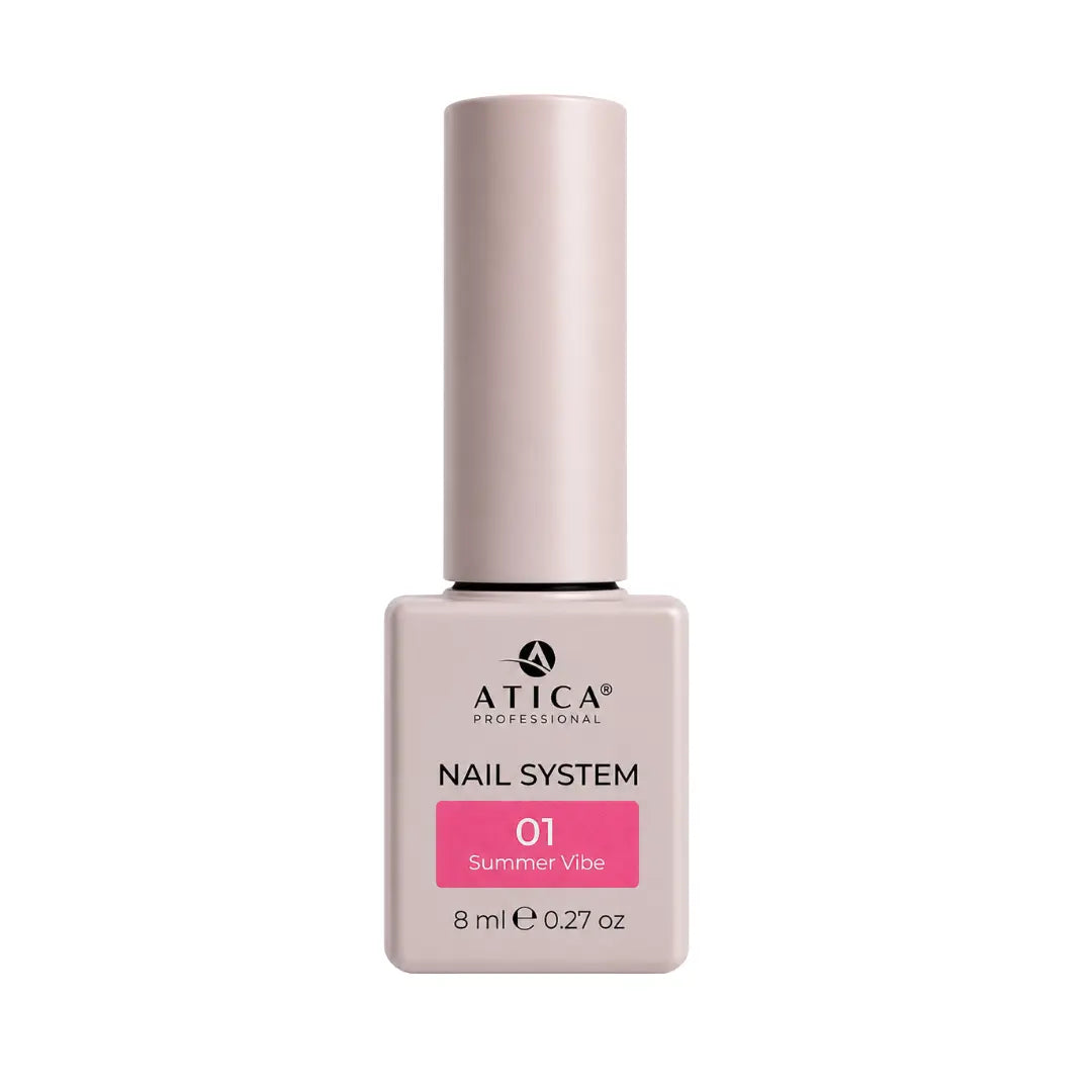 Atica Summer Vibe 01 Gel Polish 8ml bottle showing bright neon pink hot pink colour