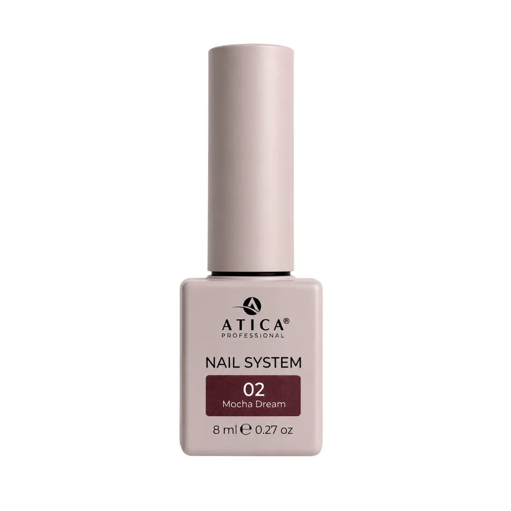Atica  02 Mocha Dream Gel Polish 8ml bottle showing rich chocolate coffee mocha colour
