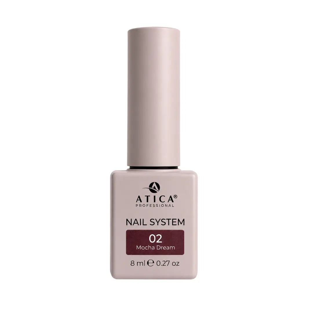 Atica  02 Mocha Dream Gel Polish 8ml bottle showing rich chocolate coffee mocha colour