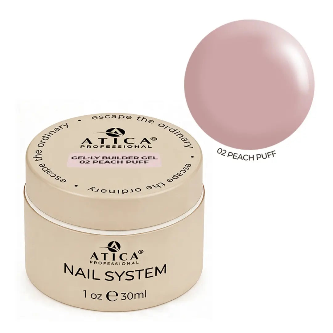 Atica Nail System gel container with peach puff color swatch on a white background