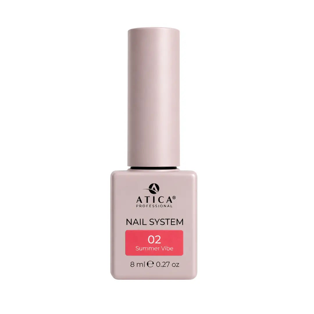 Atica Summer Vibe 02 Gel Polish 8ml bottle showing bright neon pink coral colour