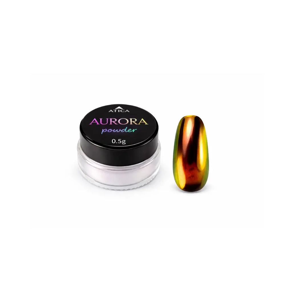 Aurora powder container with a colorful nail art design on a white background