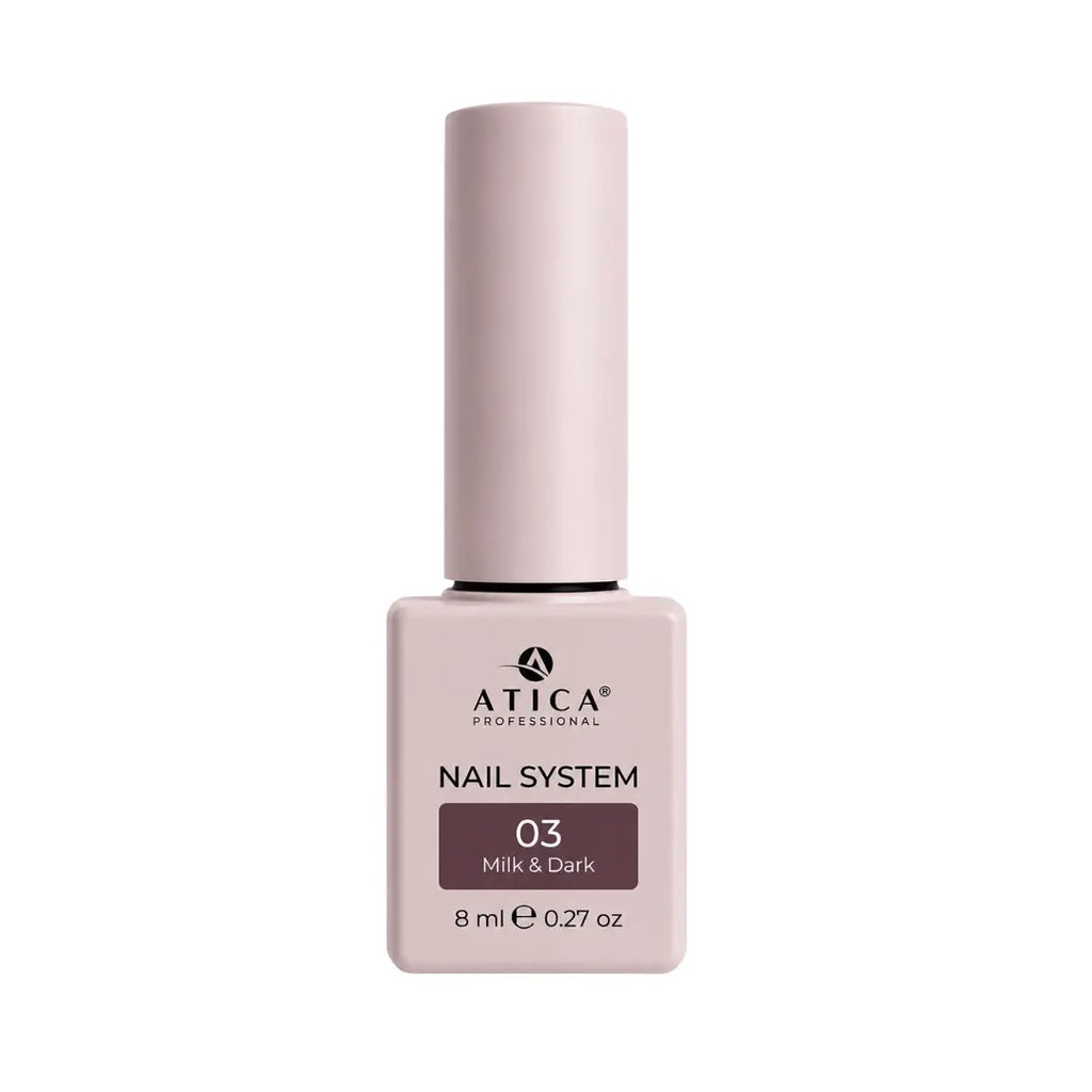 Atica Milk and Dark 03 Gel Polish 8ml bottle showing rich dark chocolate brown colour