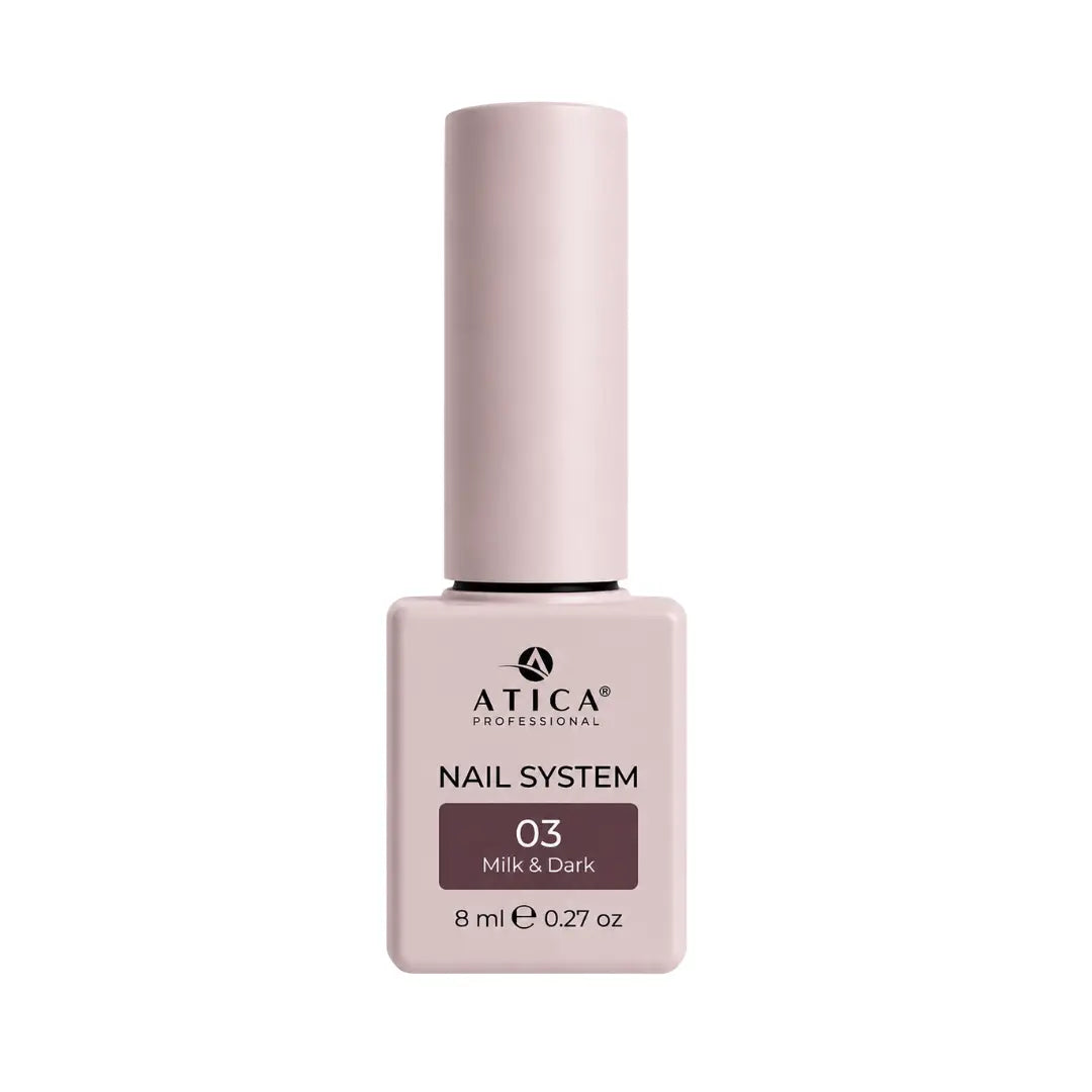 Atica Milk and Dark 03 Gel Polish 8ml bottle showing rich dark chocolate brown colour