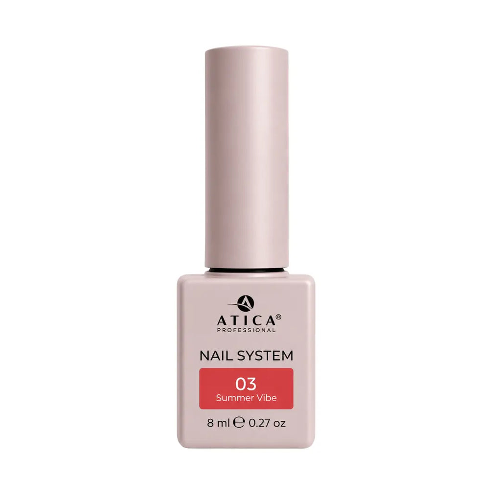 Atica Summer Vibe 03 Gel Polish 8ml bottle showing bright neon red colour