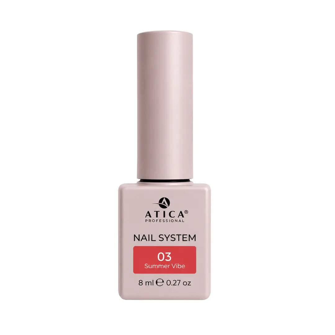 Atica Summer Vibe 03 Gel Polish 8ml bottle showing bright neon red colour