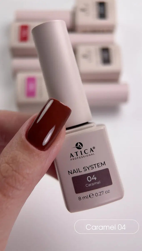 Atica Professional nail polish bottle with a hand showing a brown nail color.