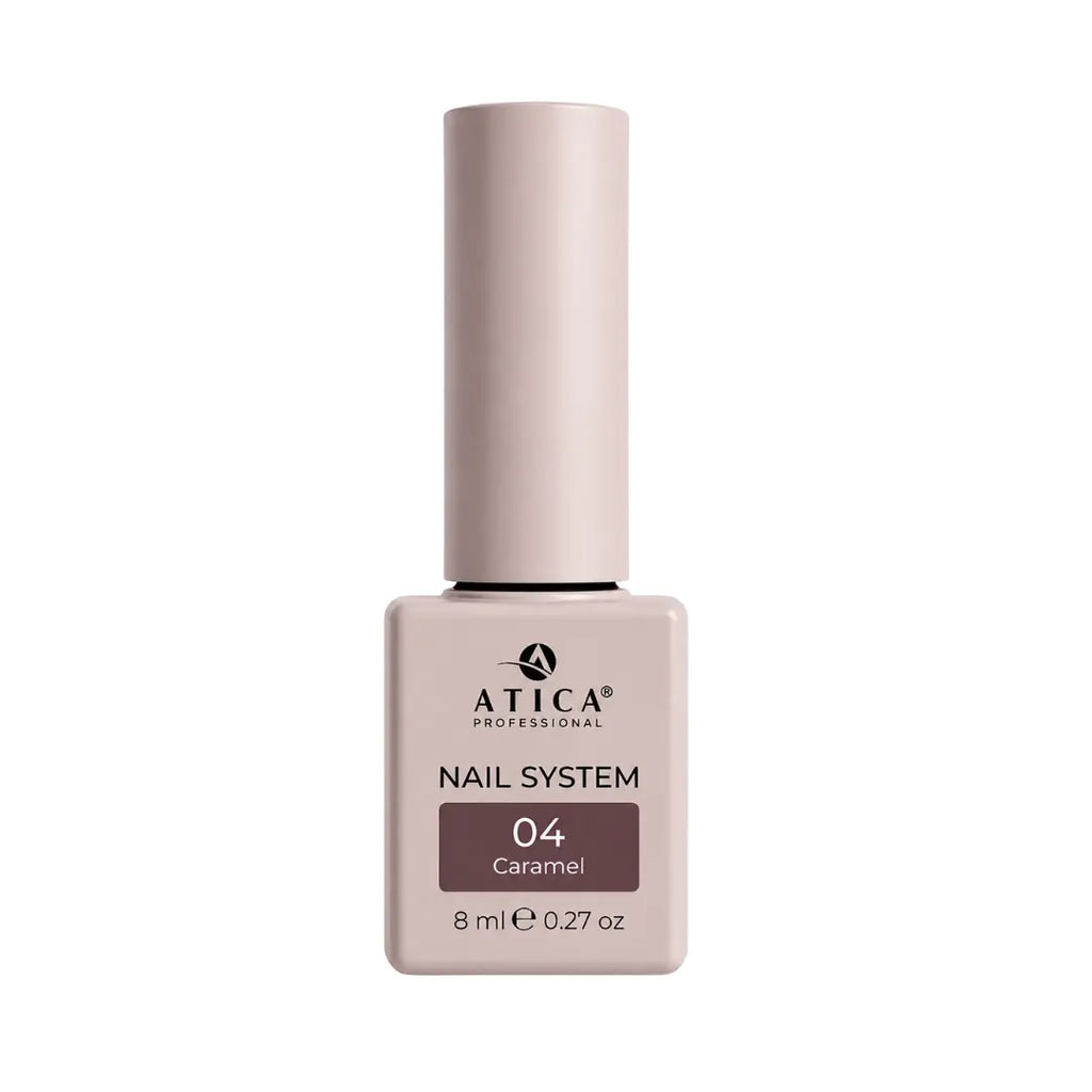 Atica Caramel 04 Gel Polish 8ml bottle showing warm caramel brown colour