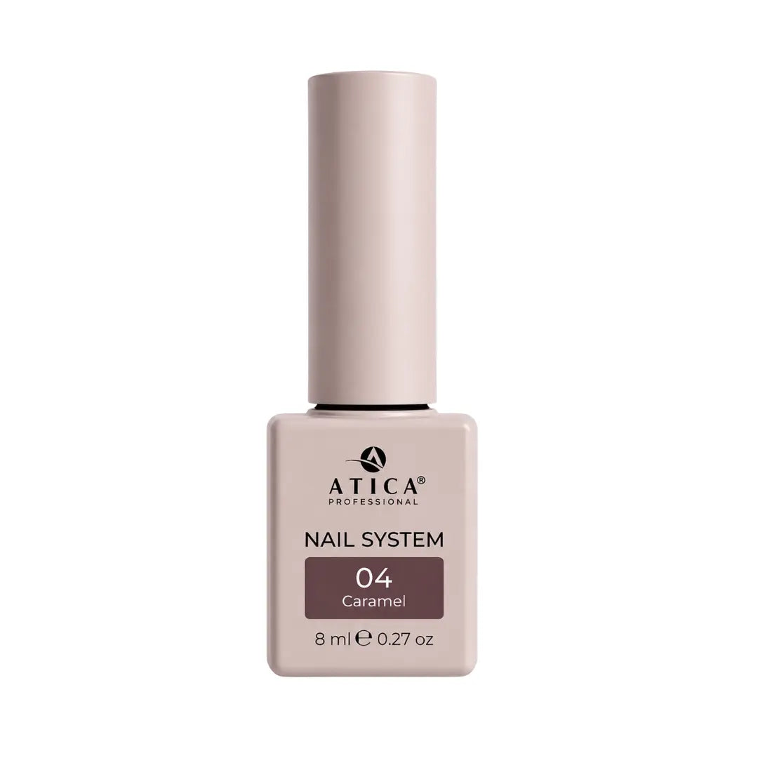 Atica Caramel 04 Gel Polish 8ml bottle showing warm caramel brown colour