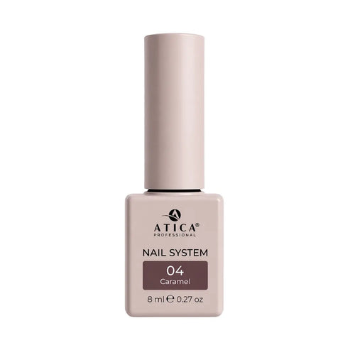 Atica Caramel 04 Gel Polish 8ml bottle showing warm caramel brown colour