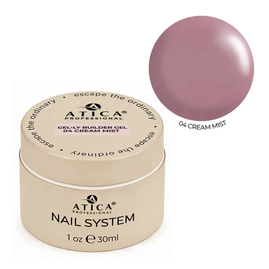 Atica Nail System gel-ly builder gel with a sample of cream mist color on a white background