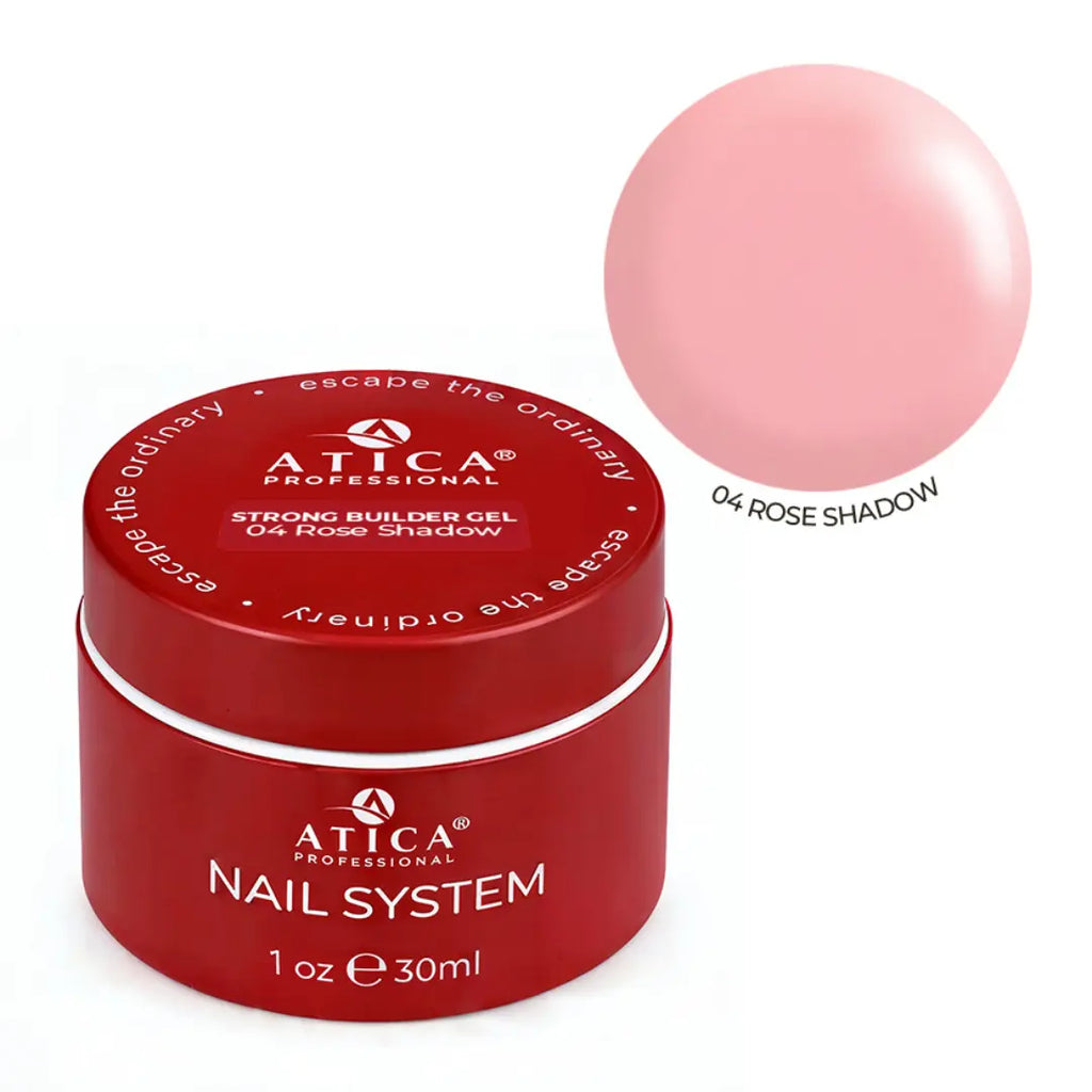 Atica Strong Cover Gel Rose Shadow – soft natural pink builder gel in 30ml jar for strong, elegant nail extensions.