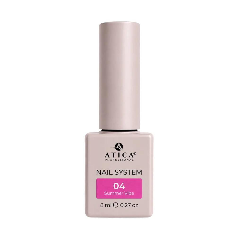 Atica Summer Vibe 04 Gel Polish 8ml bottle showing bright neon fuchsia colour