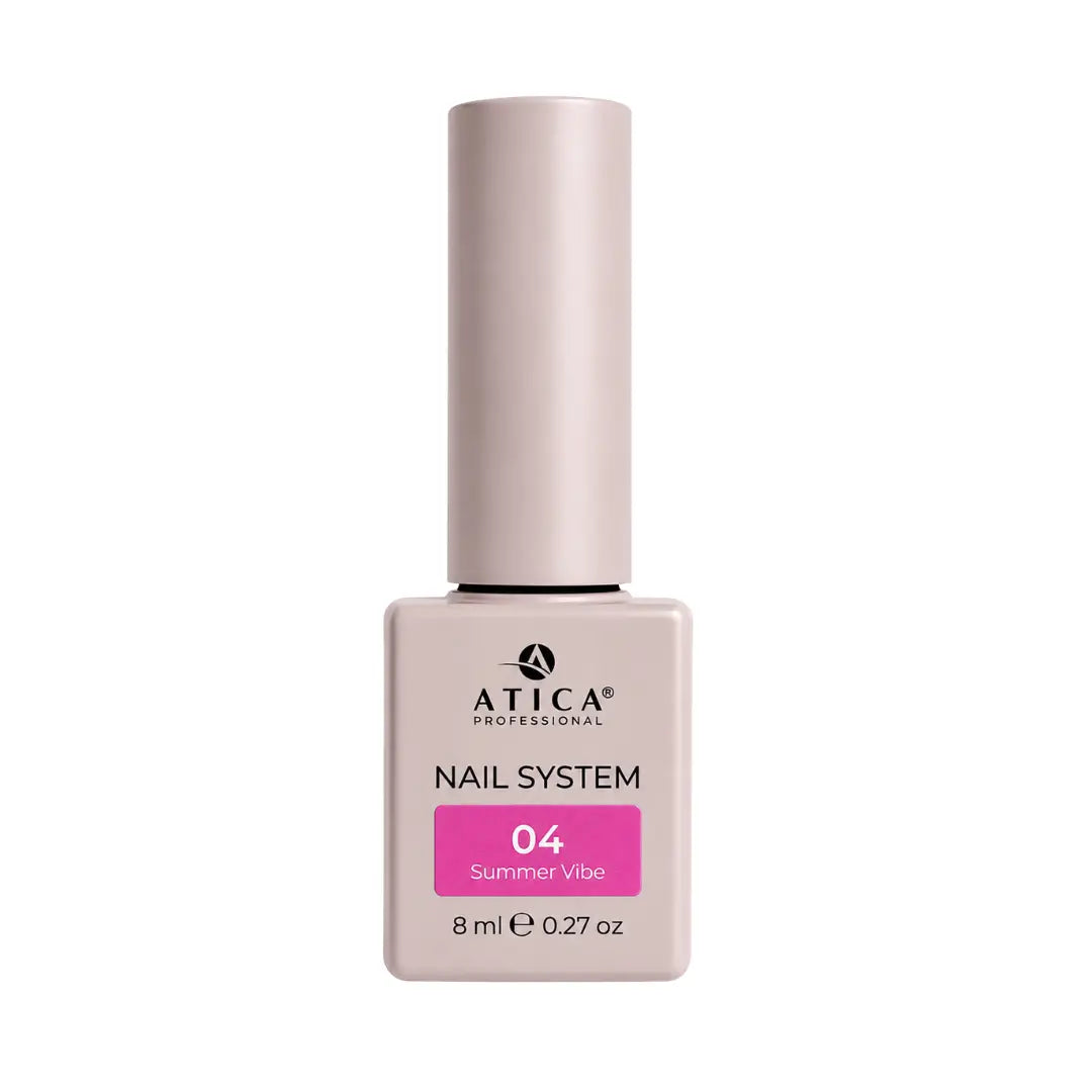 Atica Summer Vibe 04 Gel Polish 8ml bottle showing bright neon fuchsia colour
