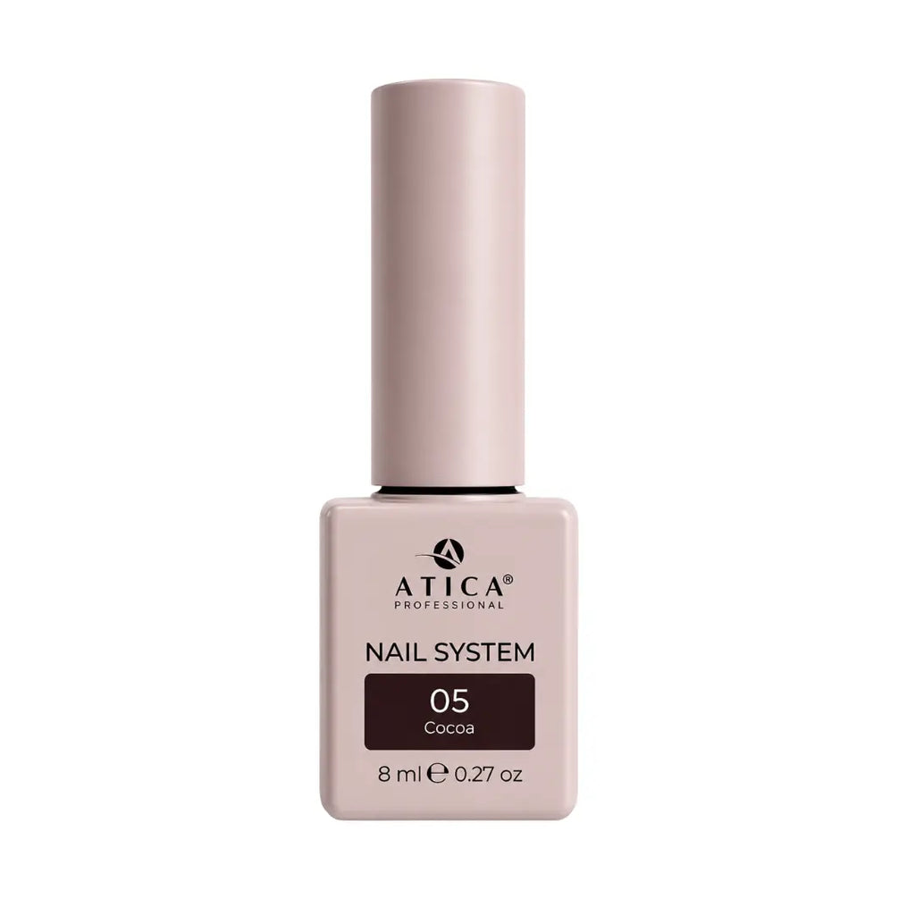 Atica Cocoa 05 Gel Polish 8ml bottle showing deep cocoa brown colour