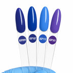 Four glossy nail color swatches on clear sticks, labeled JGP099, JGP107, JGP113, and JGP101, in dark blue, royal blue, sky blue, and purple. A blue gloved hand holds the swatches against a plain white background.