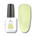 Atica Liquid Polygel Yellow 09 15ml – bottle with pastel yellow nail swatch.
