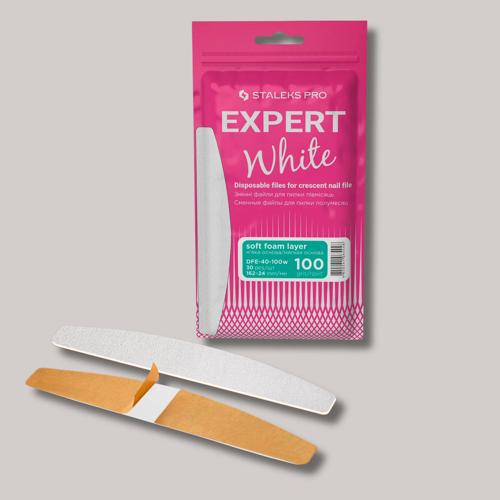 Disposable White Files For Crescent Nail File EXPERT 40, 100 grit, 30 pcs, soft foam layer for reduced pressure on nails, reliable adhesive base, ideal for artificial nails.

