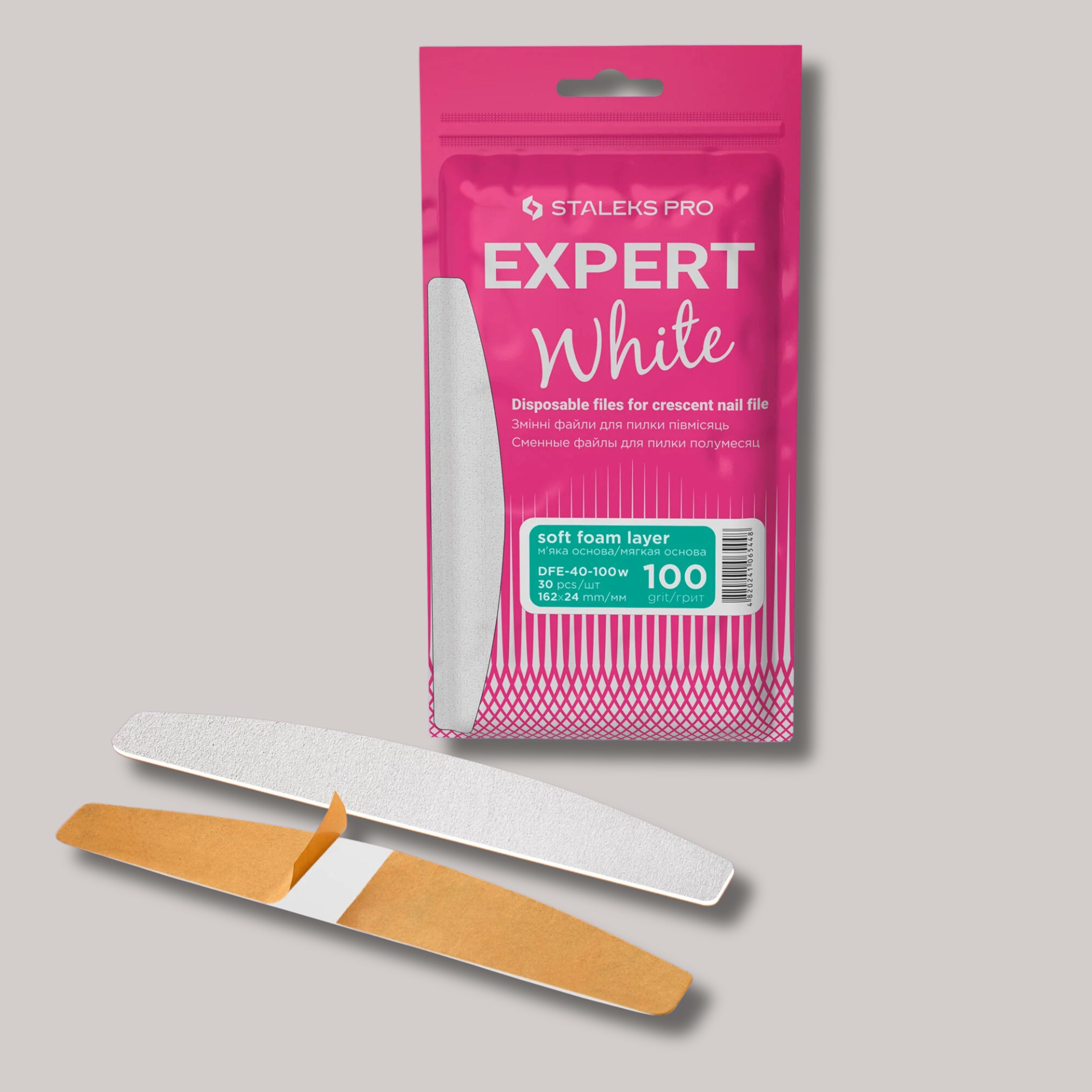 Disposable White Files For Crescent Nail File EXPERT 40, 100 grit, 30 pcs, soft foam layer for reduced pressure on nails, reliable adhesive base, ideal for artificial nails.

