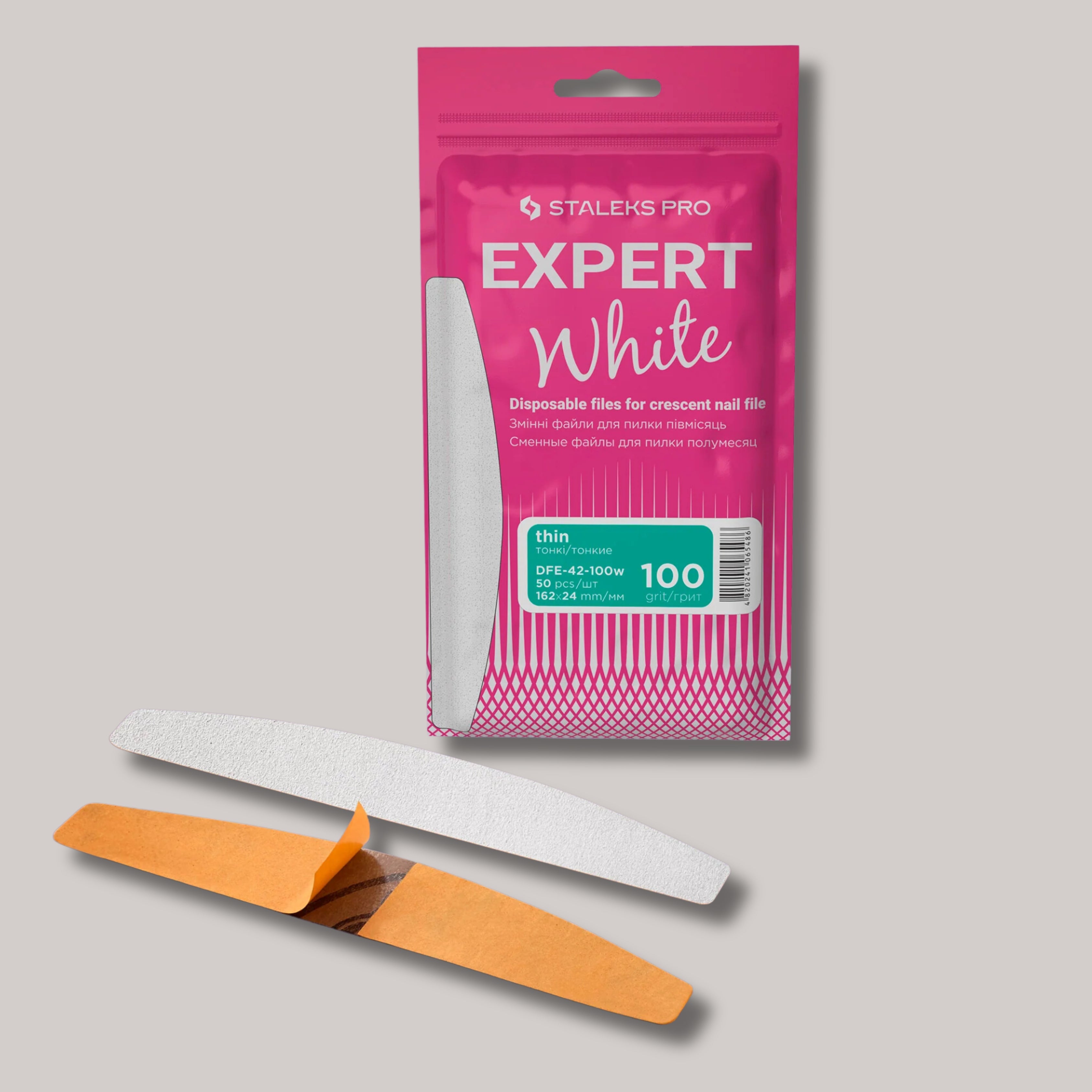 Disposable White Files For Crescent Nail File EXPERT 42, 100 grit, 50 pcs, ideal for shaping and extending artificial nails with a reliable adhesive base.

