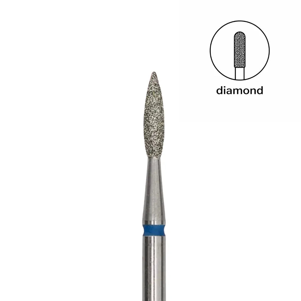 Medium blue abrasiveness diamond dust coating on 1.8mm pointed flame head closeup