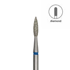 Medium blue abrasiveness diamond dust coating on 1.8mm pointed flame head closeup
