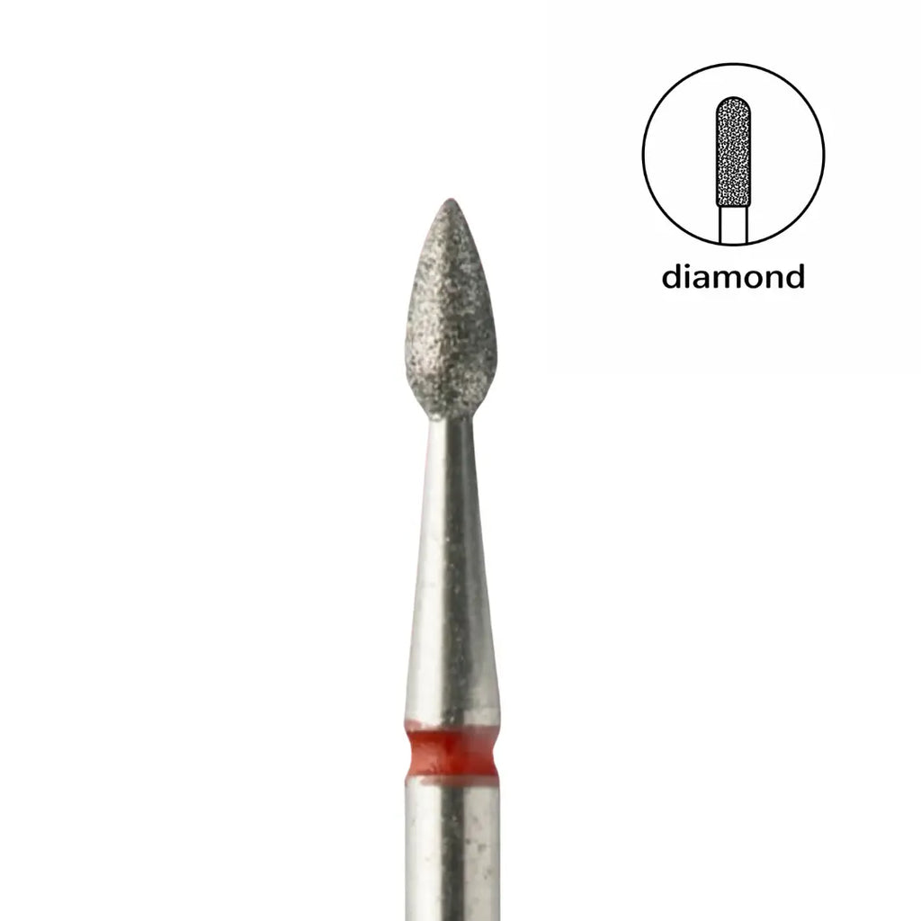 Gentle red abrasiveness diamond dust coating on 2.3mm drop shaped head closeup