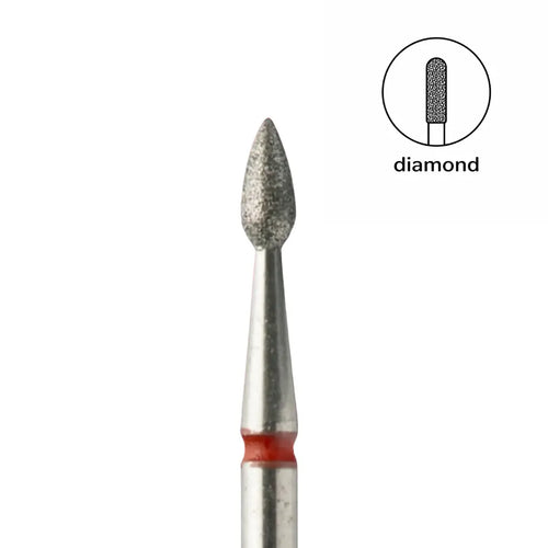 Gentle red abrasiveness diamond dust coating on 2.3mm drop shaped head closeup