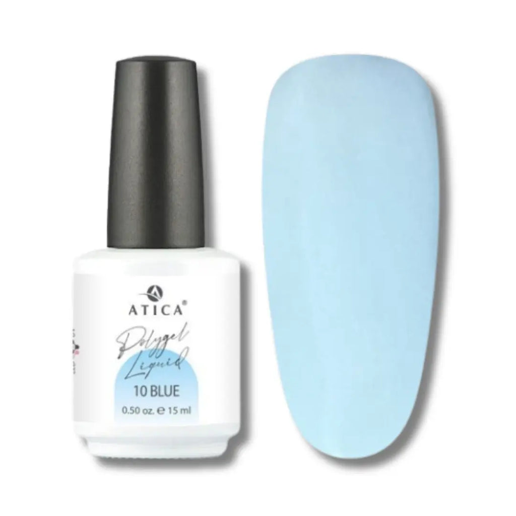 Atica Liquid Polygel Blue 10 15ml – bottle and pastel blue nail swatch.