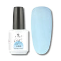 Atica Liquid Polygel Blue 10 15ml – bottle and pastel blue nail swatch.