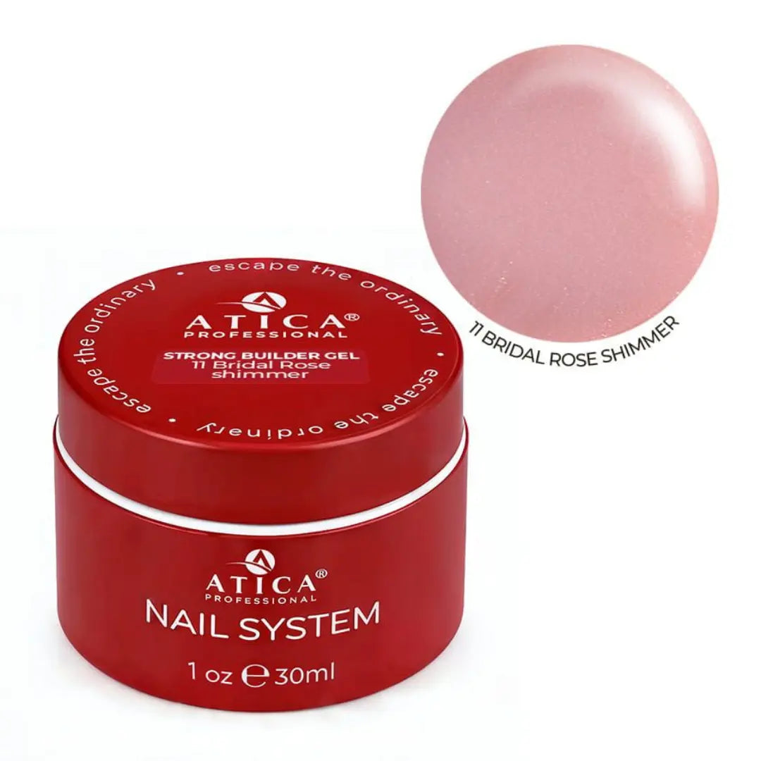 Red jar of Atica Professional nail system with a pink gel sample on a white background