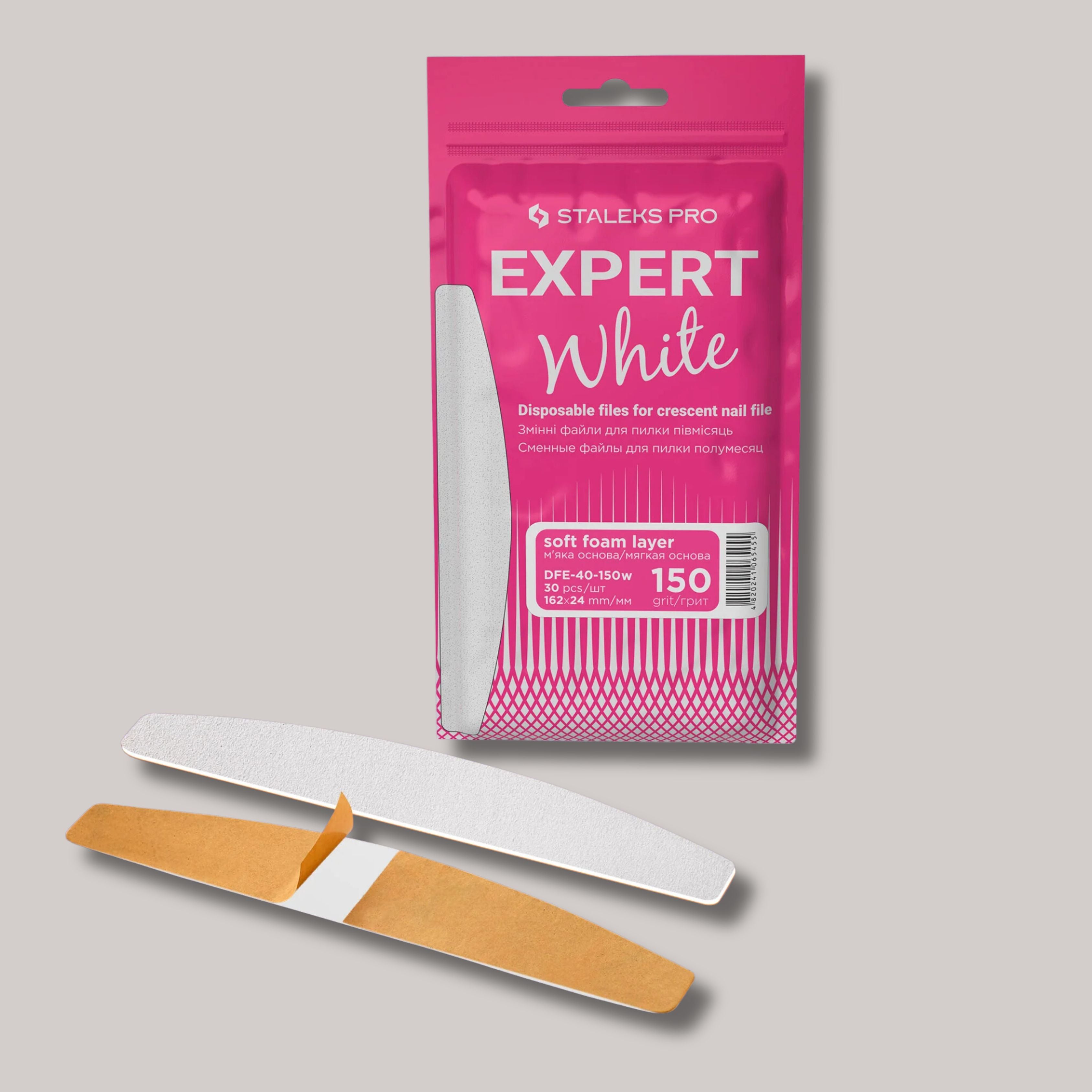 Disposable White Files For Crescent Nail File EXPERT 40, 150 grit, 30 pcs, soft foam layer for reduced pressure on nails, reliable adhesive base, ideal for final processing of artificial nails.

