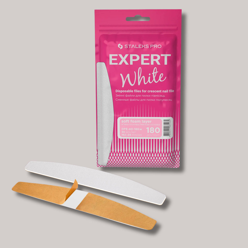 Disposable White Files For Crescent Nail File EXPERT 40, 180 grit, 30 pcs, soft foam layer for reduced pressure on nails, reliable adhesive base, ideal for correcting and shaping natural and artificial nails.