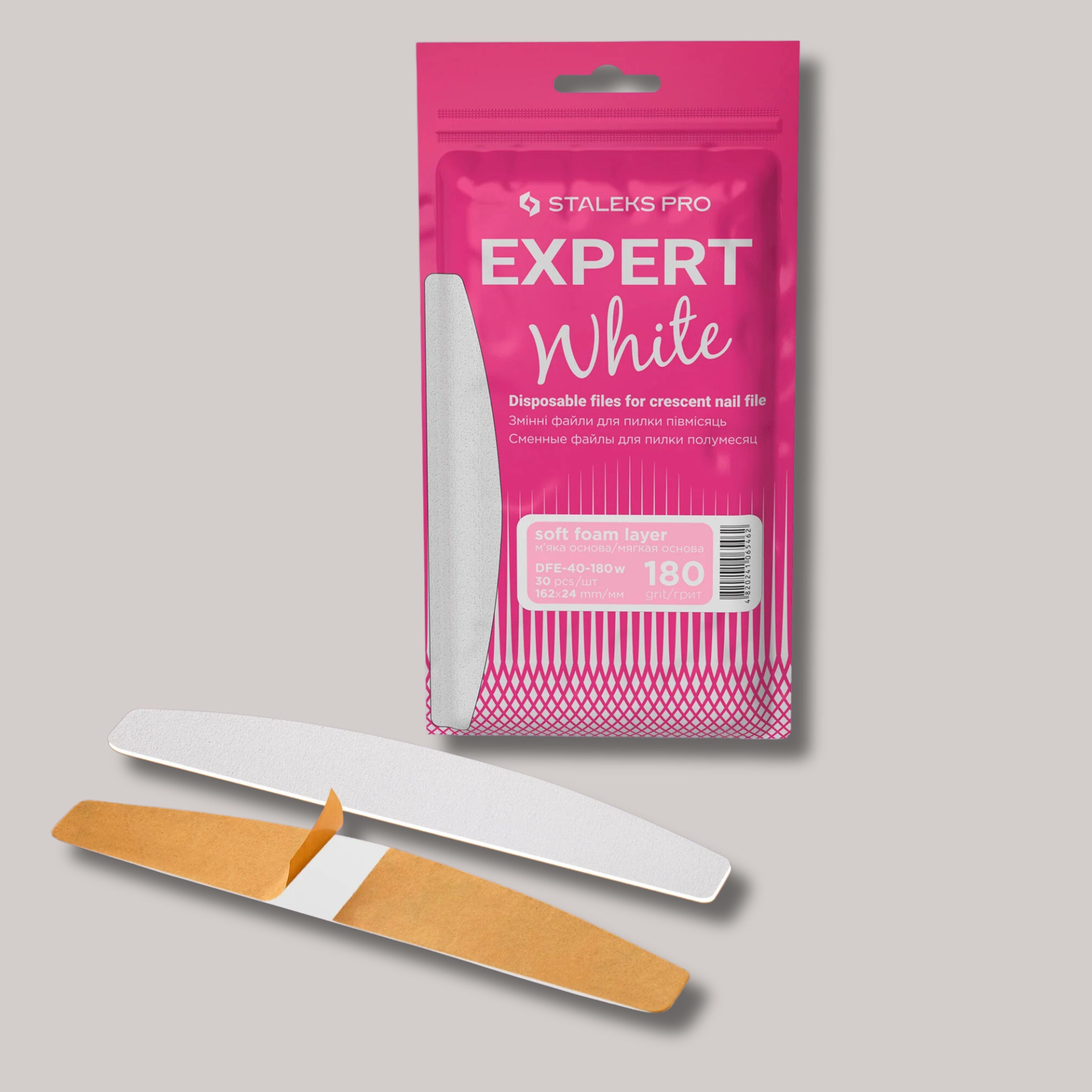 Disposable White Files For Crescent Nail File EXPERT 40, 180 grit, 30 pcs, soft foam layer for reduced pressure on nails, reliable adhesive base, ideal for correcting and shaping natural and artificial nails.