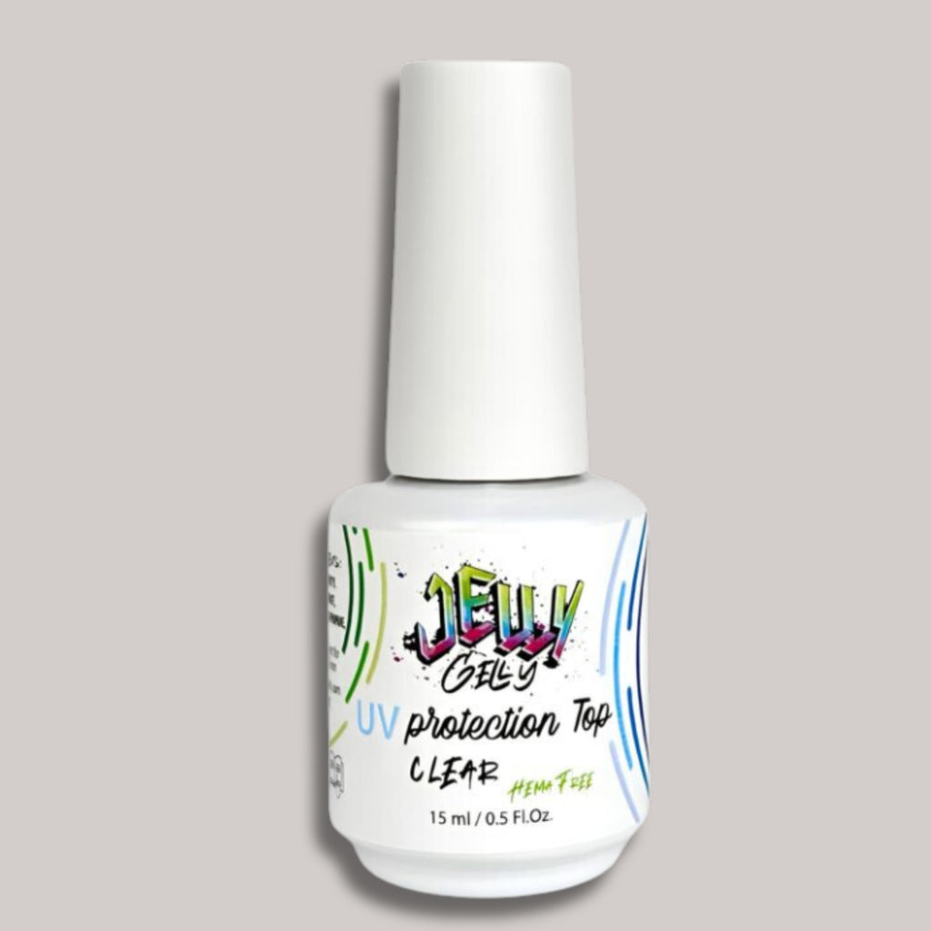 Jelly Gelly HEMA-Free Top Coat 15ml – UV protection, non-sticky, safe formula for long-lasting shine.