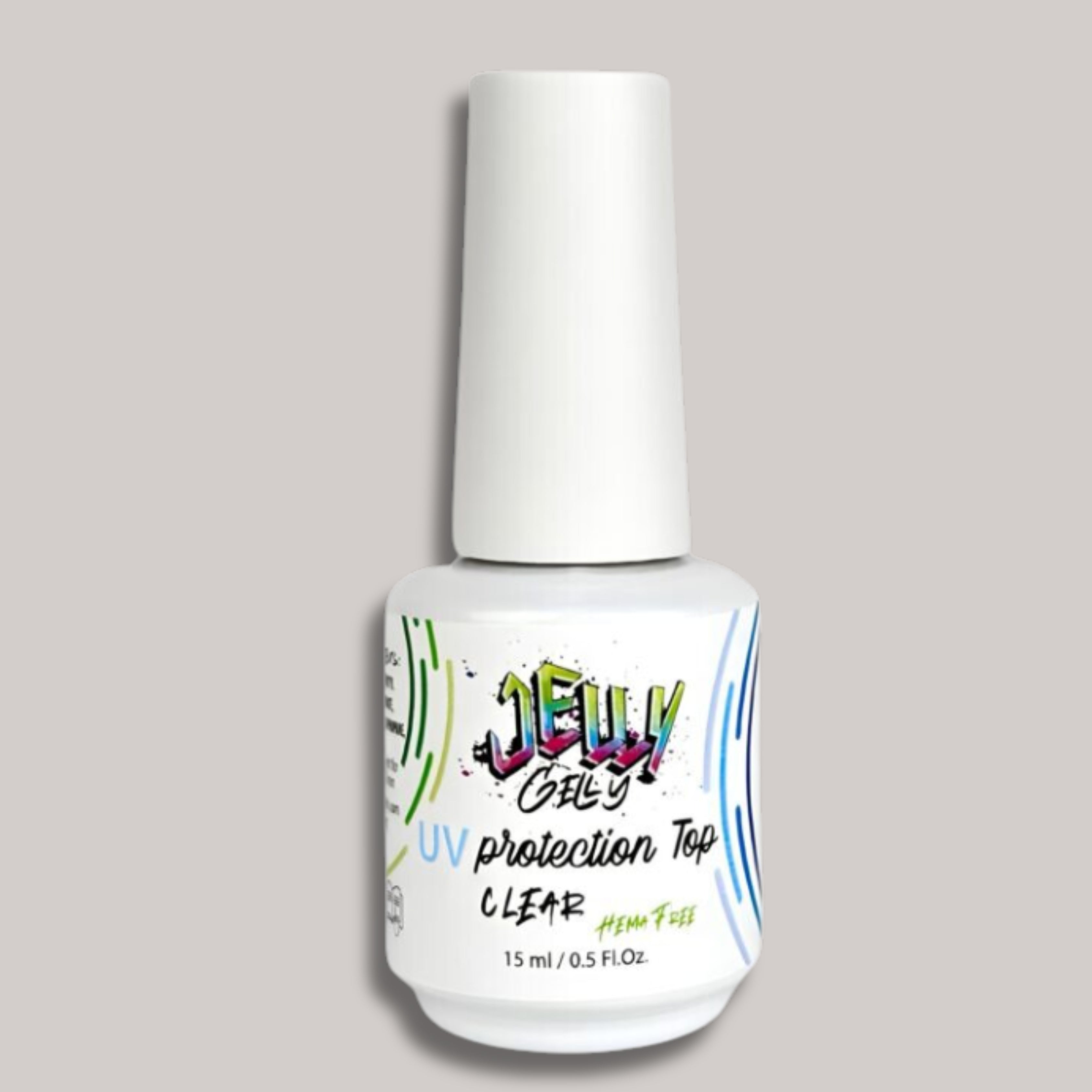 Jelly Gelly HEMA-Free Top Coat 15ml – UV protection, non-sticky, safe formula for long-lasting shine.