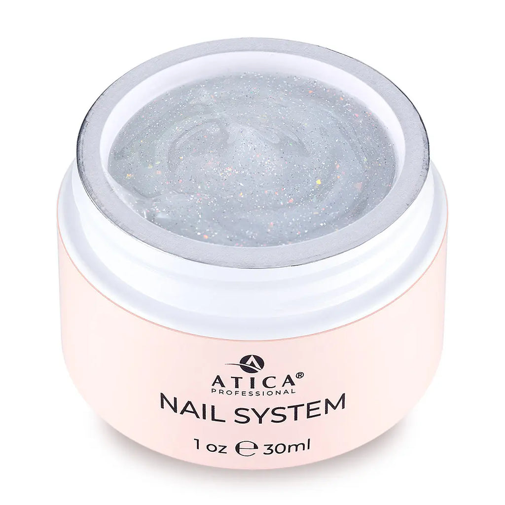 Jar of Atica Professional nail system gel on a white background