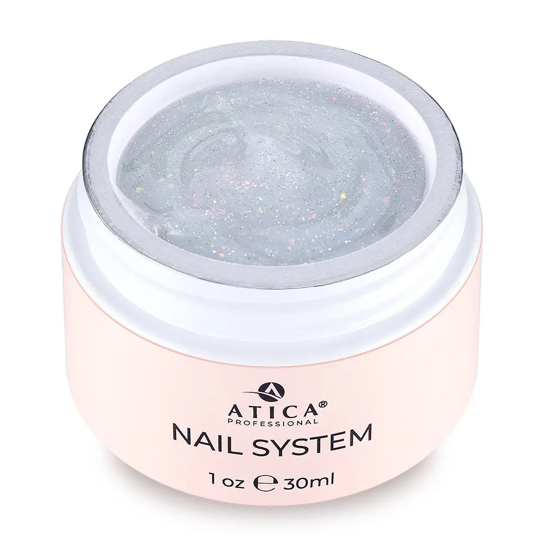 Jar of Atica Professional nail system gel on a white background