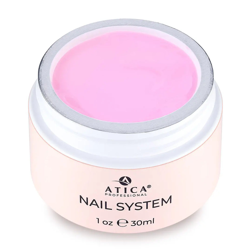 Pink gel in a container labeled 'Atica Professional Nail System' on a white background