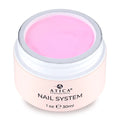 Pink gel in a container labeled 'Atica Professional Nail System' on a white background