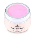 Pink gel in a container labeled 'Atica Professional Nail System' on a white background