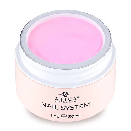 Pink gel in a container labeled 'Atica Professional Nail System' on a white background