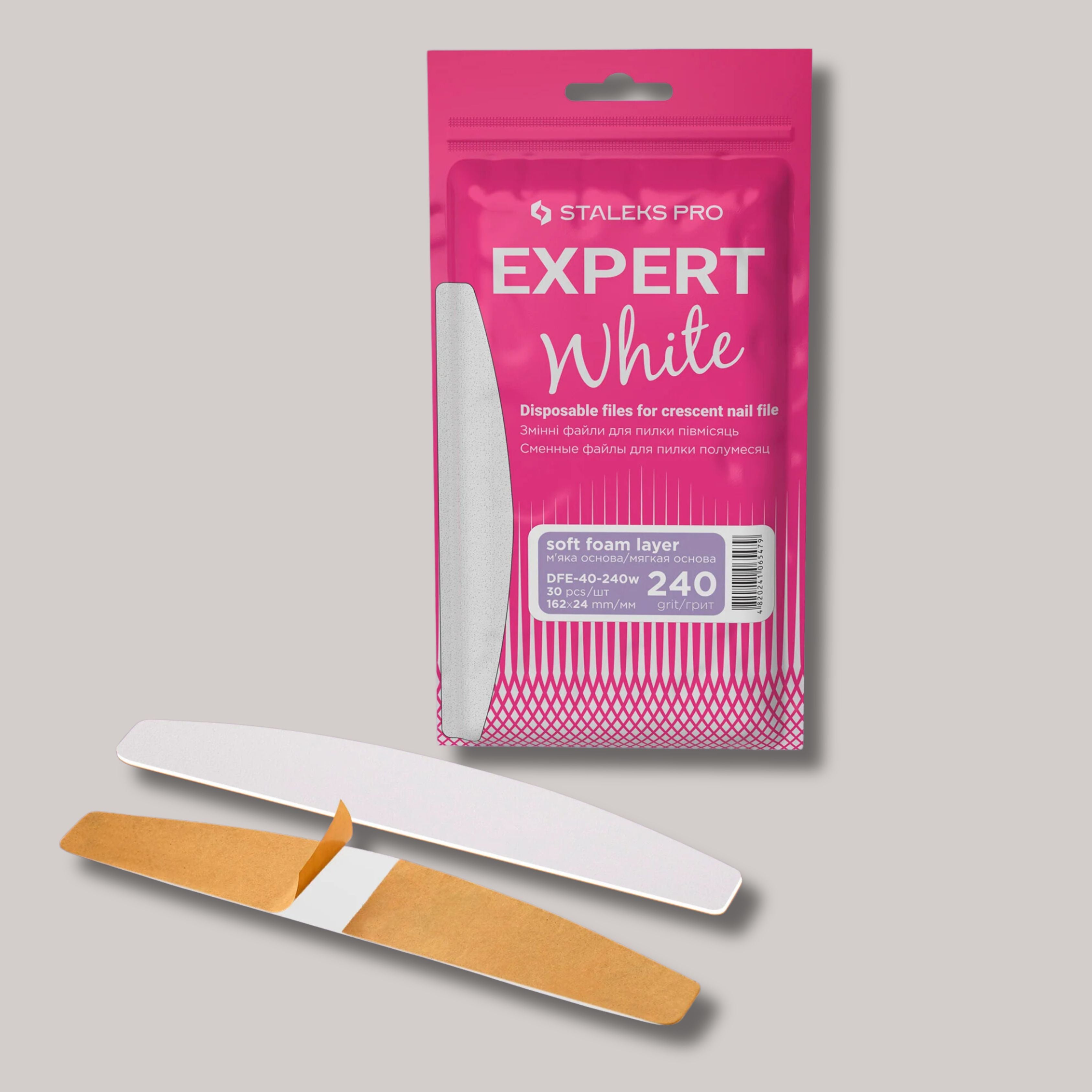 Disposable White Files For Crescent Nail File EXPERT 40, 240 grit, 30 pcs, soft foam layer for reduced pressure on nails, ideal for polishing and preparing nails for coating.