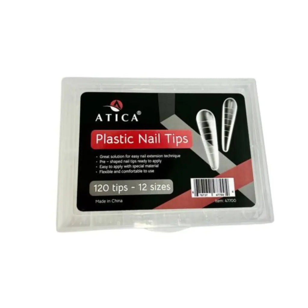 ATICA Plastic Nail Tips – 120 pcs · Modern almond-shaped nail extension forms for PolyGel or sculpting gel application.