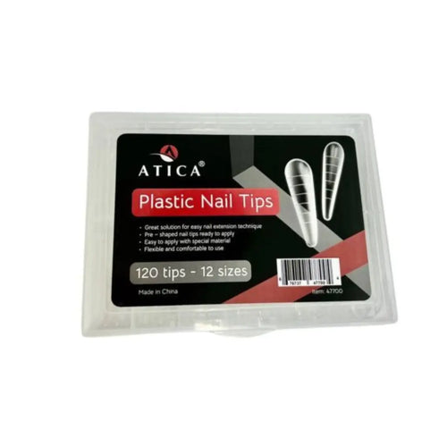 ATICA Plastic Nail Tips – 120 pcs · Modern almond-shaped nail extension forms for PolyGel or sculpting gel application.
